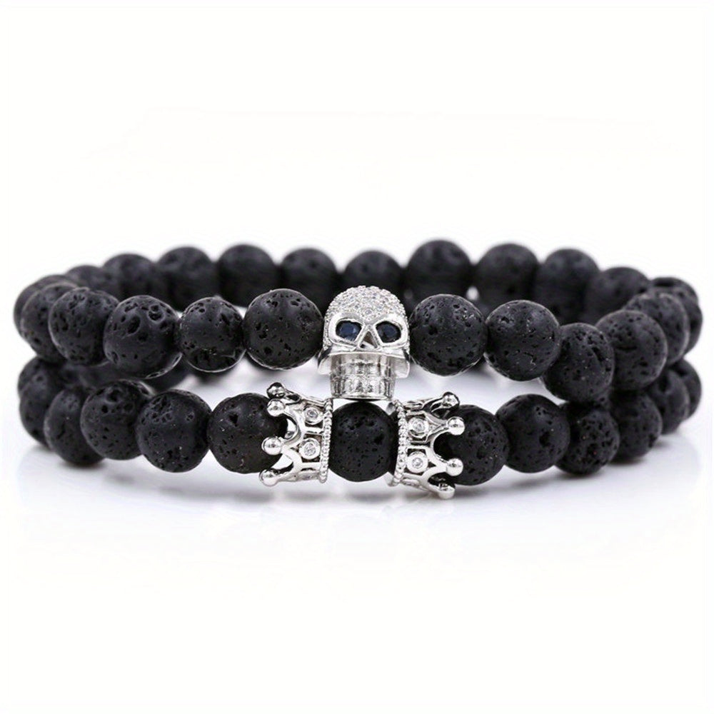 Volcanic Stone Micro Inlaid Skull Small Crown Men's Bracelet