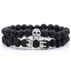 Volcanic Stone Micro Inlaid Skull Small Crown Men's Bracelet