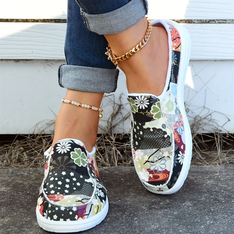 Women's Floral Print Slip-On Canvas Shoes Lightweight Casual Flats