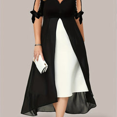  Colorblock Faux Pearl V Neck Maxi Dress