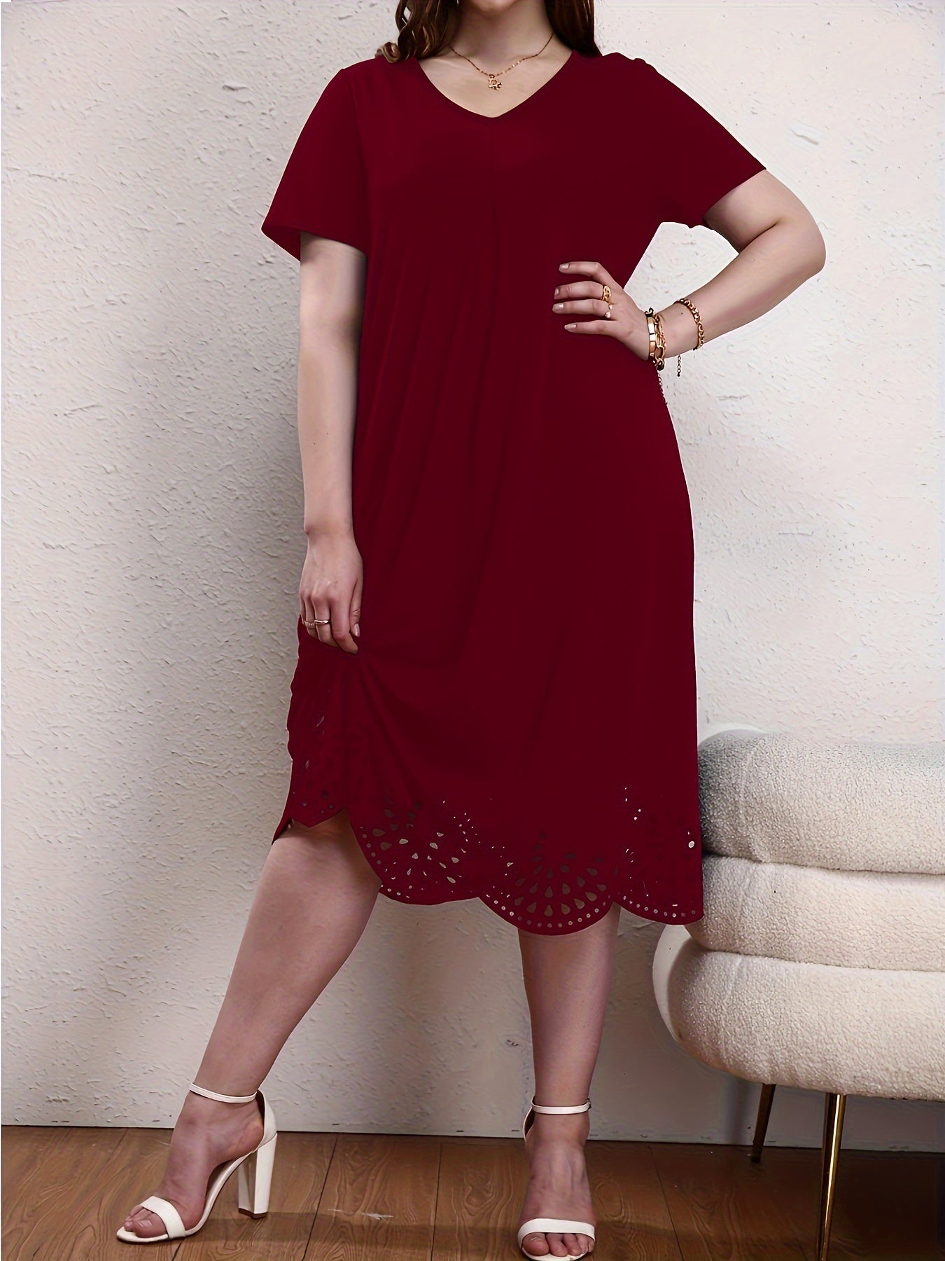  Solid Maxi Dress w/ Scallop Trim Short Sleeves V Neck