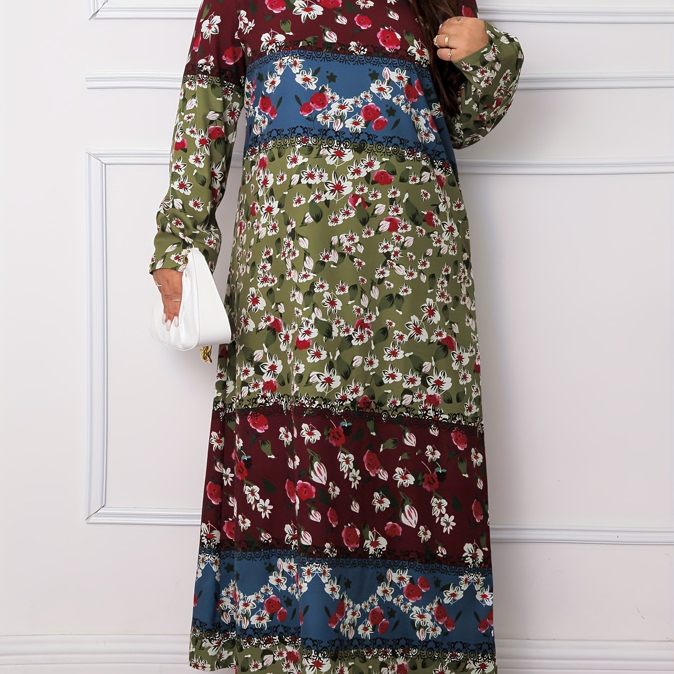  Colorblock Floral Print Long Sleeve Maxi Dress