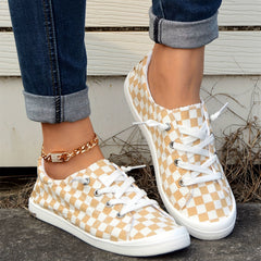 Women's Checkerboard Pattern Shoes Lace Up Comfy Canvas Shoes