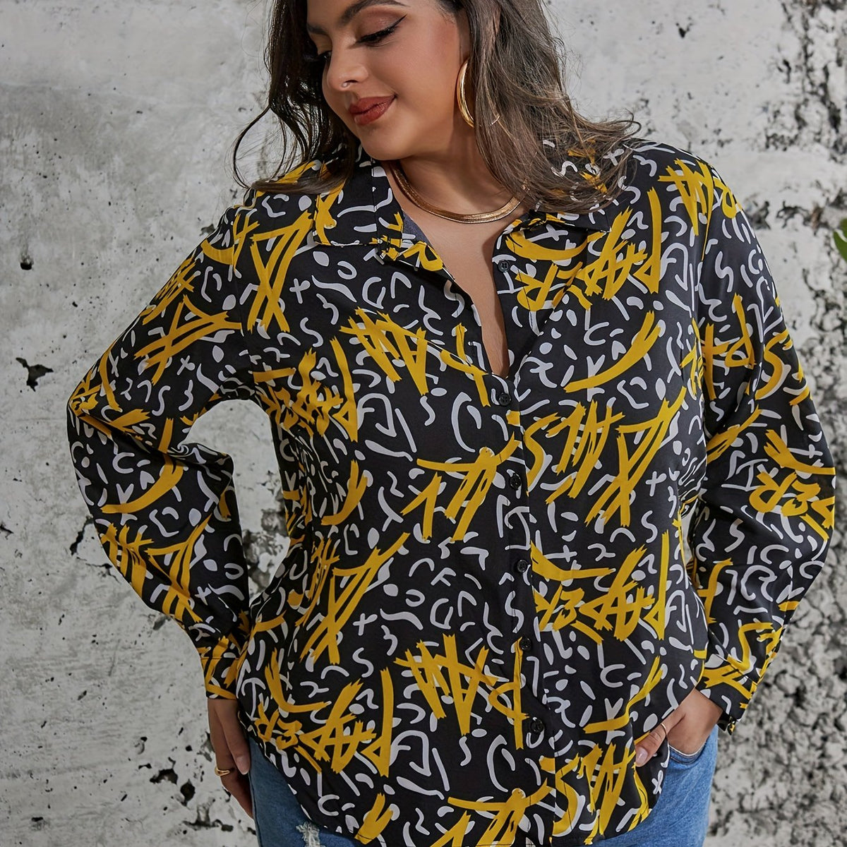 Graffiti Print Button Up Long Sleeve Blouse