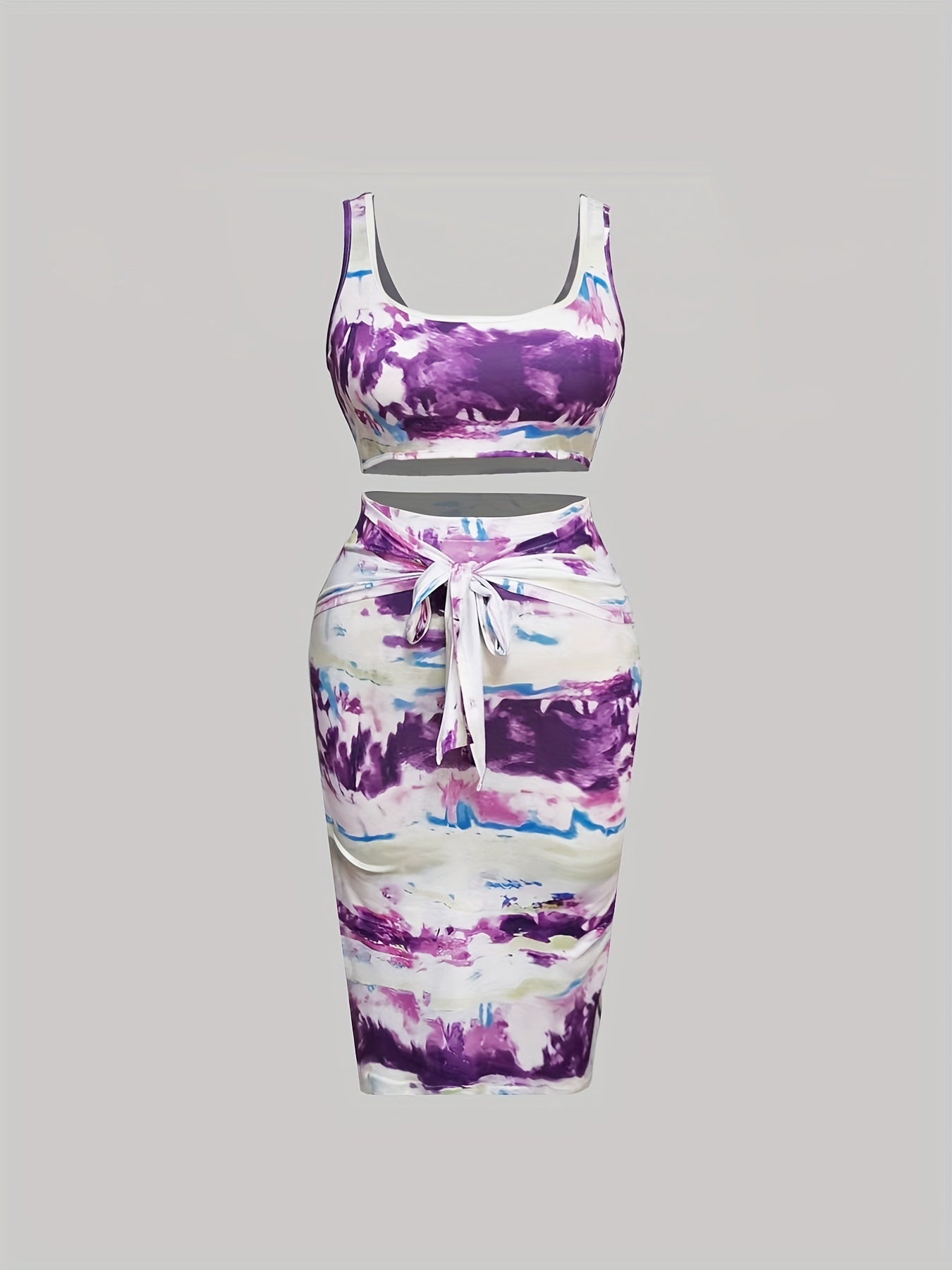 Women's Plus Tie Dye Tank Crop Top & Belted Skirt Outfit Set