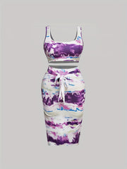 Women's Plus Tie Dye Tank Crop Top & Belted Skirt Outfit Set