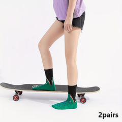 2 Pairs Shark & Crocodile Print Crew Socks Funny Cartoon Women's Stockings