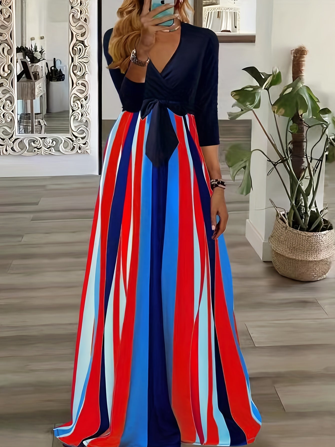  Colorful Striped Short Sleeve Maxi Dress