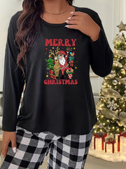  Santa Claus Graphic Long Sleeve Sleepwear Top