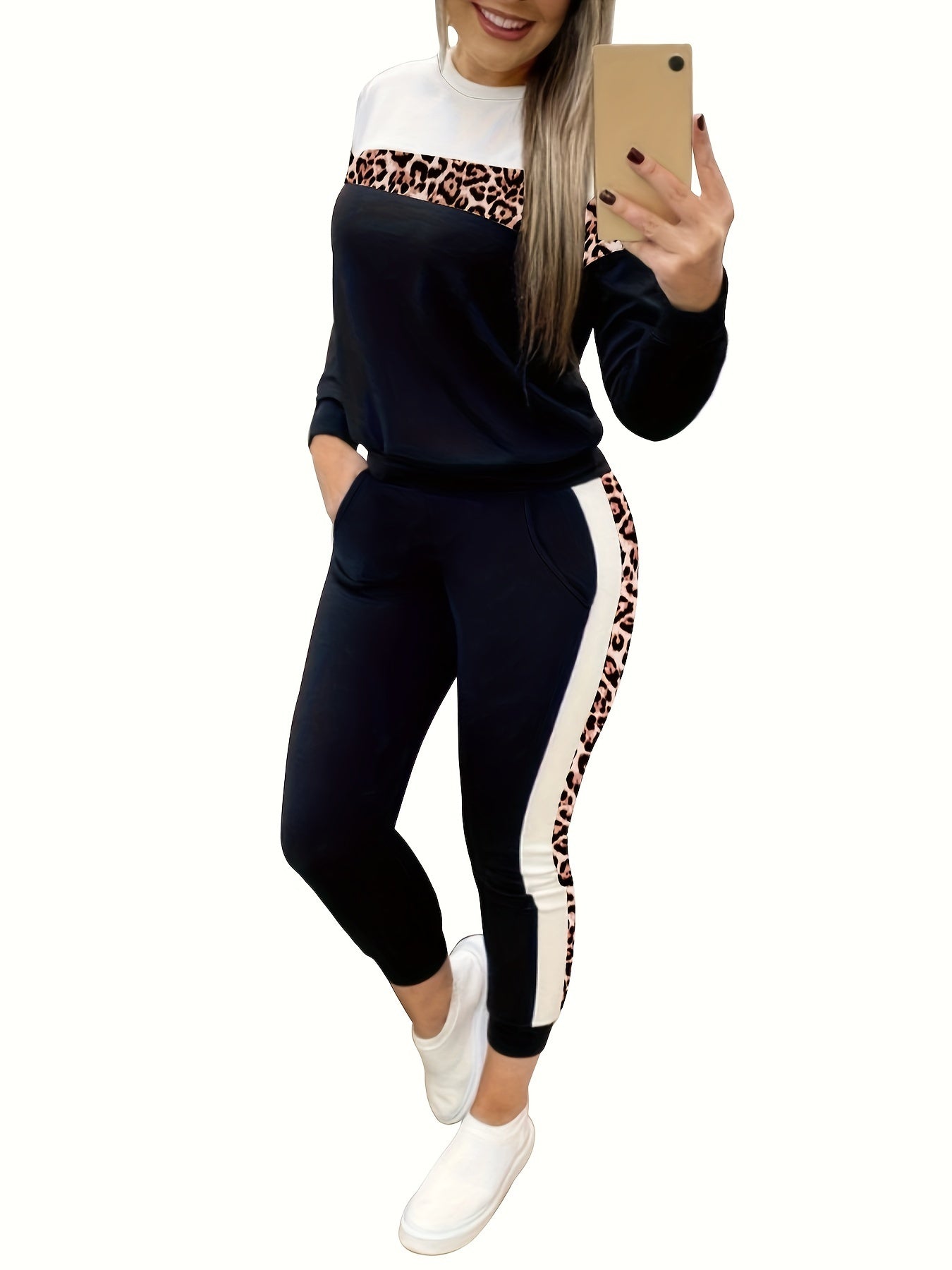  Colorblock Leopard Print Top & Pants Set