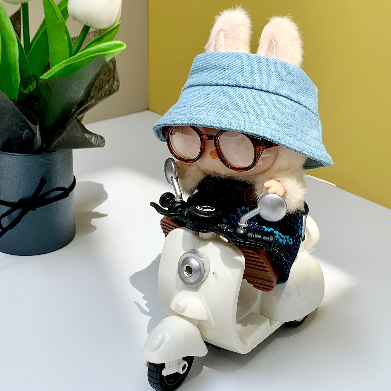 LABUBU Fisherman Hat Denim Overalls Leopard Print Glasses Brown Shoe