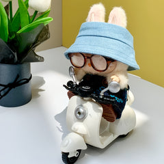 LABUBU Fisherman Hat Denim Overalls Leopard Print Glasses Brown Shoe