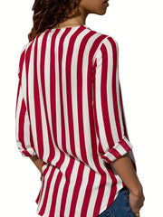  Women's Stripe Print V Neck Stretch Shirt