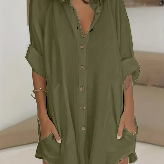  Solid Button Up Roll Up Sleeve Collar Mini Shirt Dress