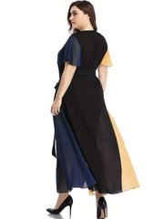  Colorblock Flutter Sleeve V Neck Maxi Dress With Belt