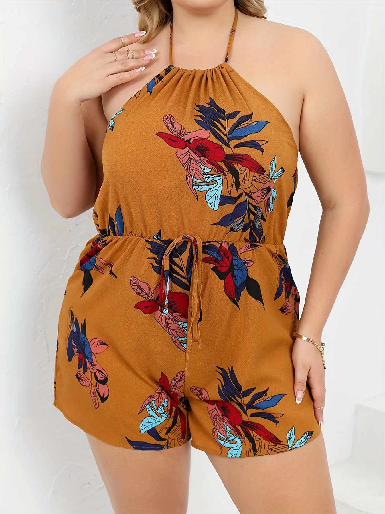  Leaf Print Halter Neck Backless Drawstring Romper