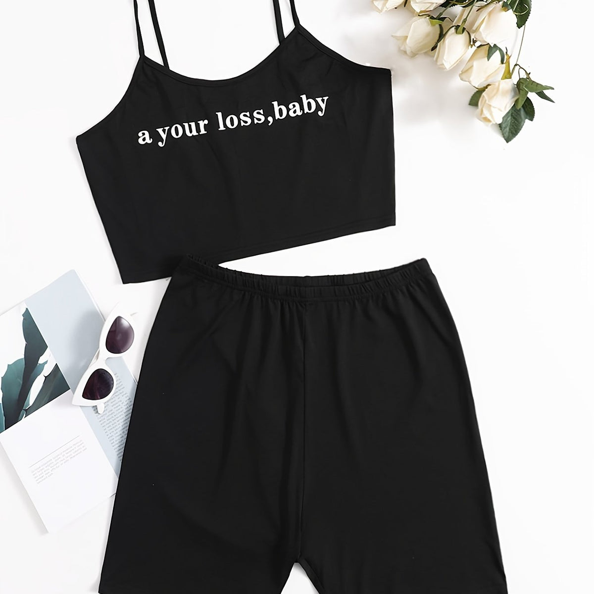  Slogan Print Crop Cami Top & Shorts Set
