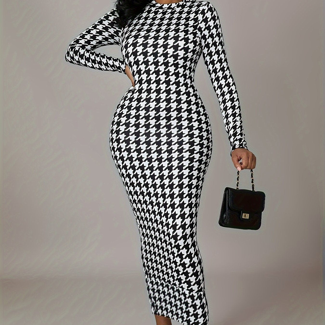  Women's Houndstooth Print Long Sleeve Maxi Dress