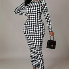 Women's Houndstooth Print Long Sleeve Maxi Dress