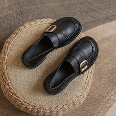 Chunky Heel Loafers Retro Buckle Faux Leather Shoes Comfortable Walking