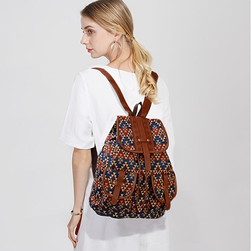 Rhombus Pattern Backpack Women's Canvas Drawstring Shoulder Bag
