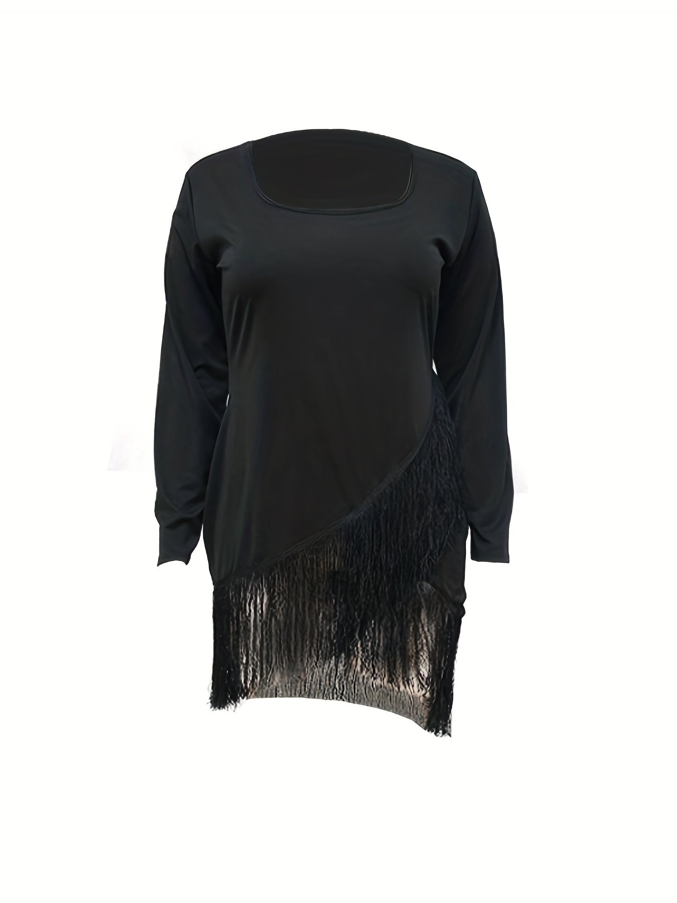  Solid Long Sleeve Fringe Trim Casual Dress