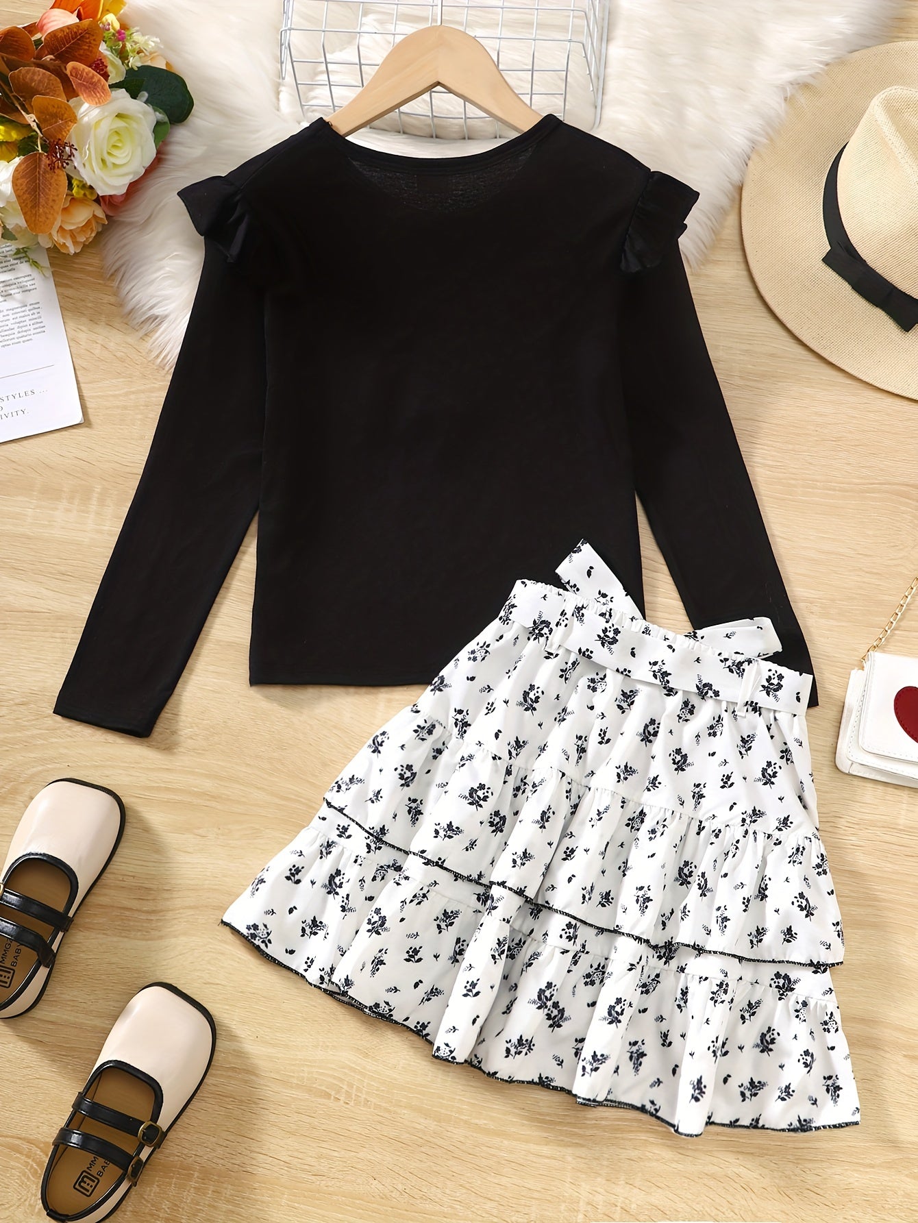 Girl's 2pcs Top & Floral Pattern Skirt Set Ruffle Decor Casual Kid's Clothes