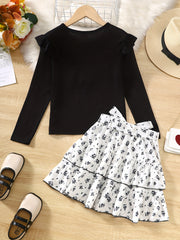 Girl's 2pcs Top & Floral Pattern Skirt Set Ruffle Decor Casual Kid's Clothes
