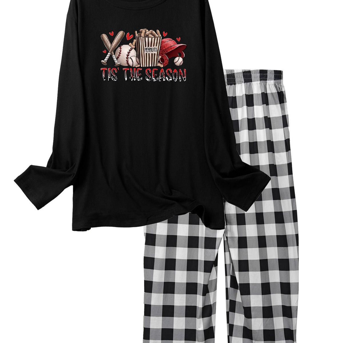 Baseball Print Pajama Set Long Sleeve Crew Neck Top & Pants