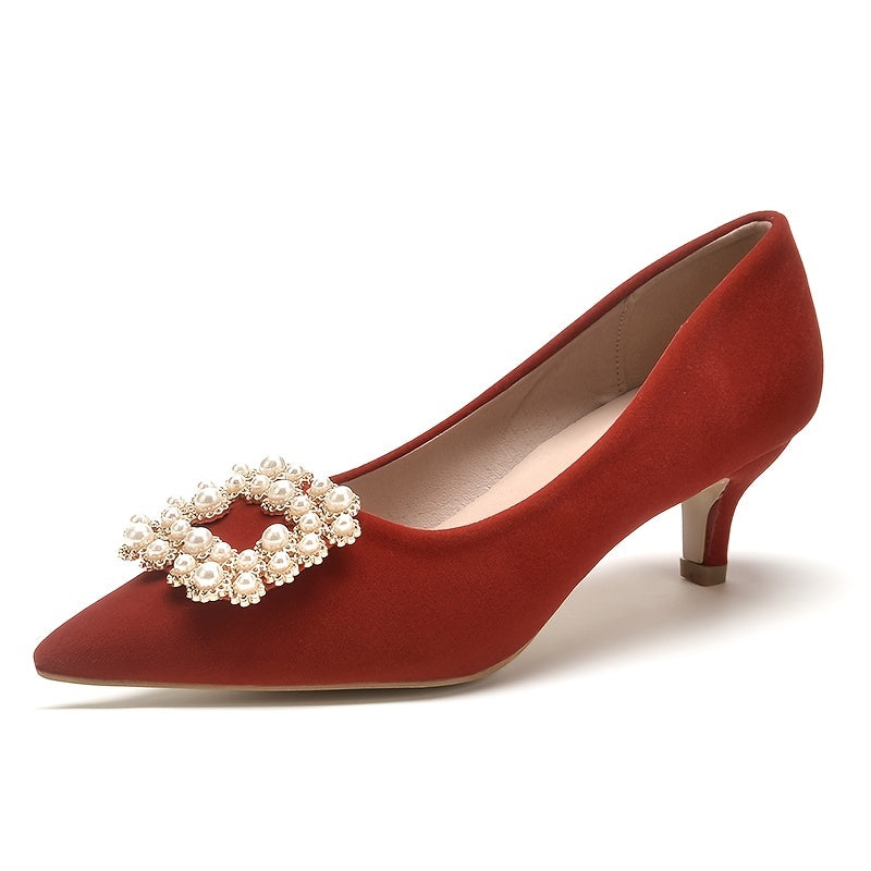 Women's Red Faux Pearl Low Heels Rhinestone Slip On Wedding Dress Shoes