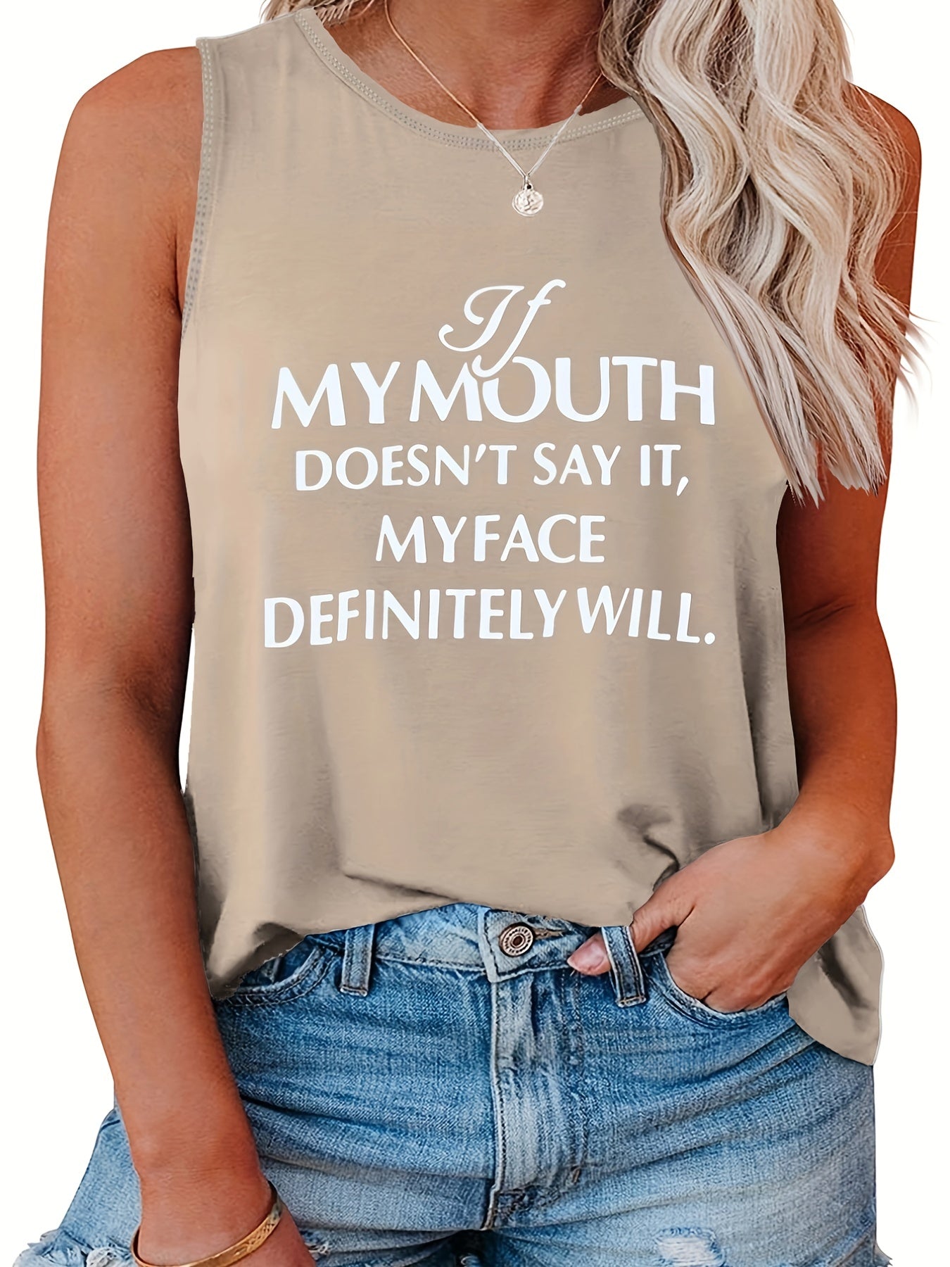  Women's Slogan Print Tank Top Round Neck Stretchy Casual Tee