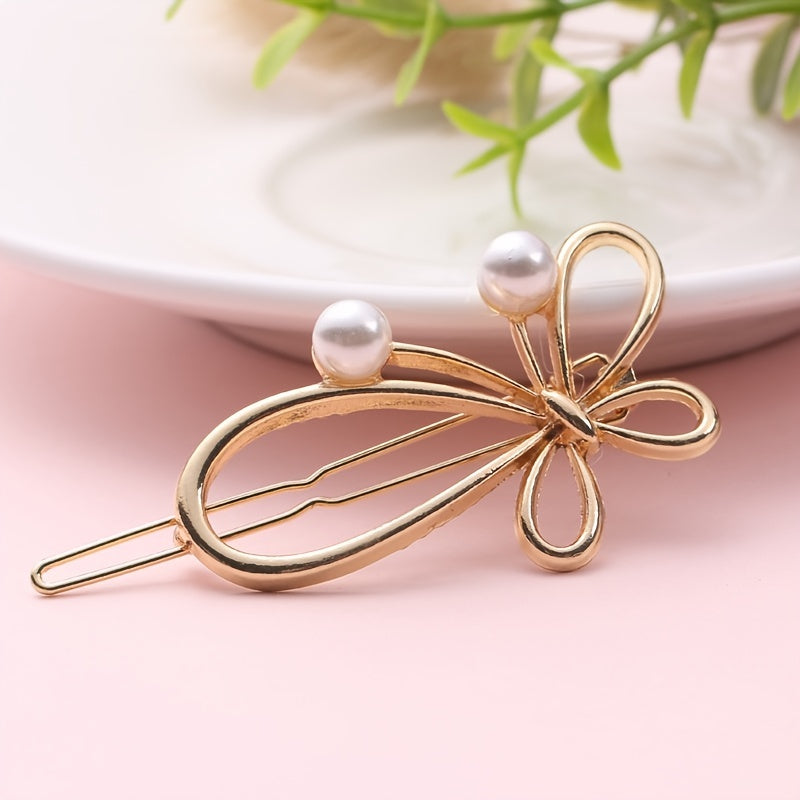 Vintage Golden Hair Clip with Faux Pearl, Bow Knot Design