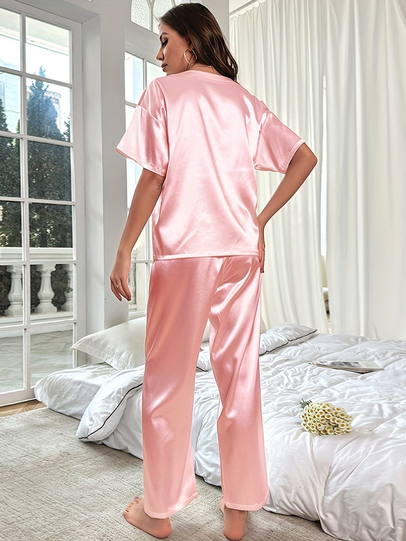 Satin Pajama Set Short Sleeve Top & Lounge Pants