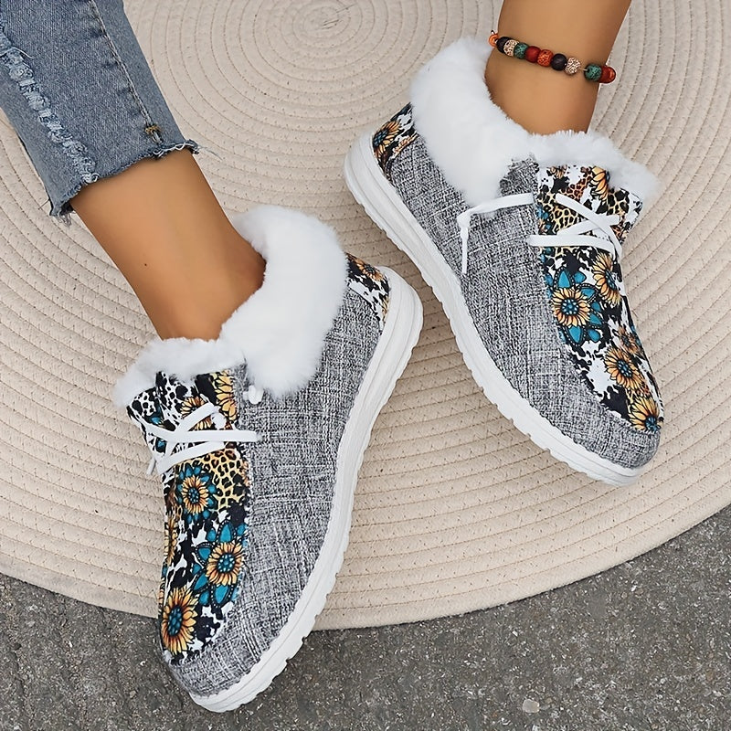 Women's Sunflower Print Snow Boots Warm & Comfy Slip On Flat Shoes