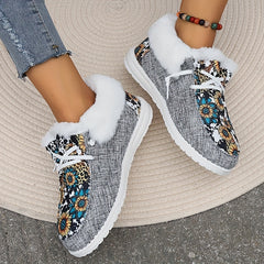 Women's Sunflower Print Snow Boots Warm & Comfy Slip On Flat Shoes