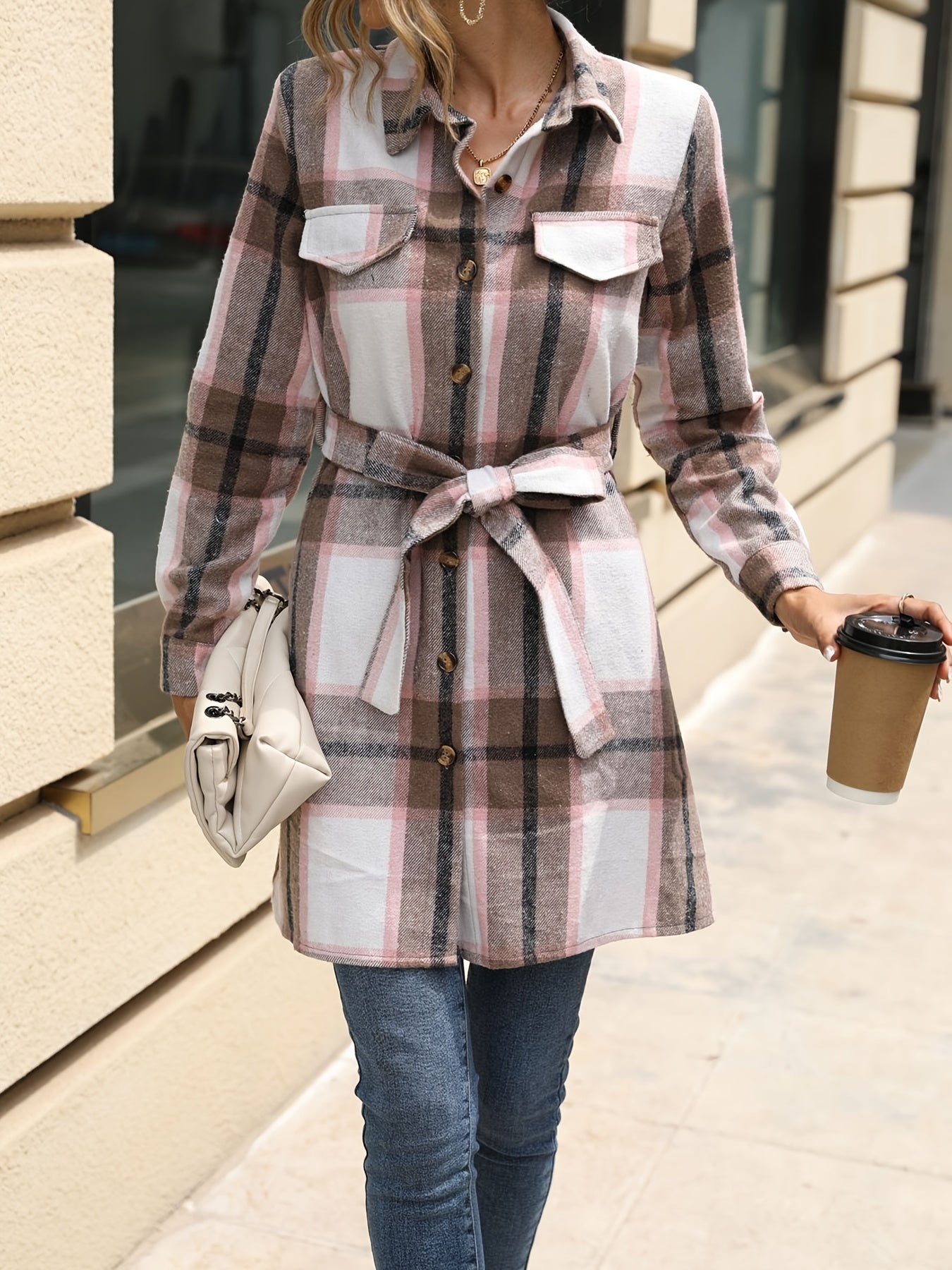 Plaid Belted Jacket Long Sleeve Fall Winter Women's Clothing