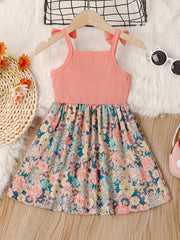 Girl's Butterfly Bow Tie Shoulder Splicing Flower Pattern Suspender Dress
