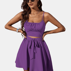 Solid Slim Two-piece Skirt Set Crop Ruched Cami Top & Skirt Outfit
