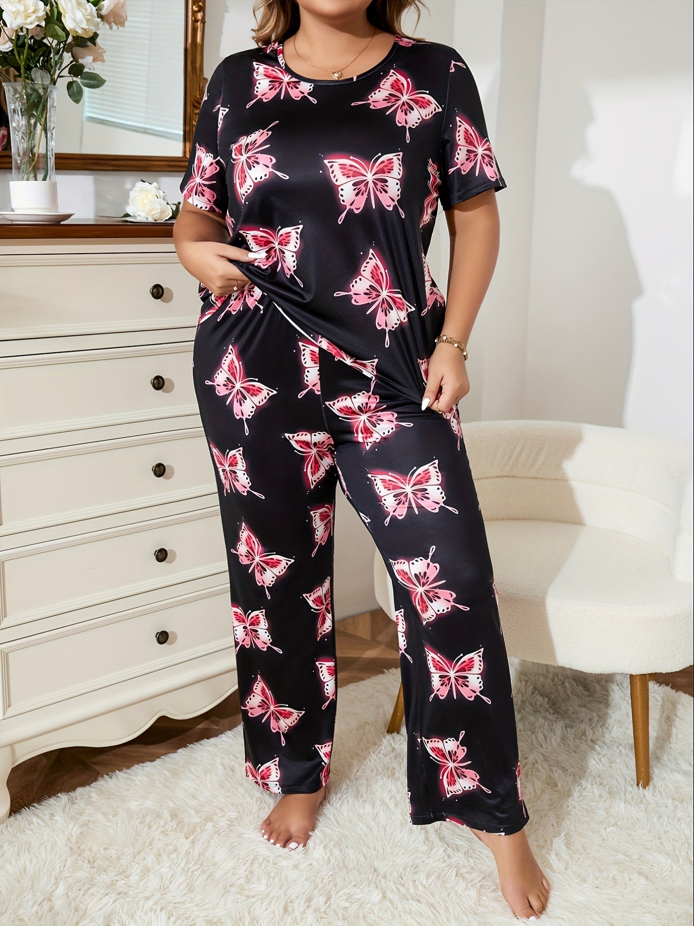 Glitter Butterfly Print Tee & Pants Lounge Set