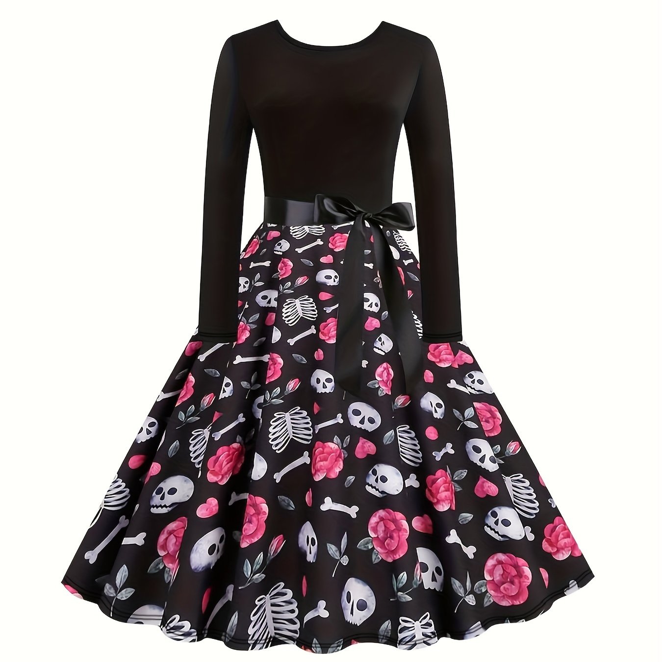  Colorblock Skull Print Long Sleeve Dress