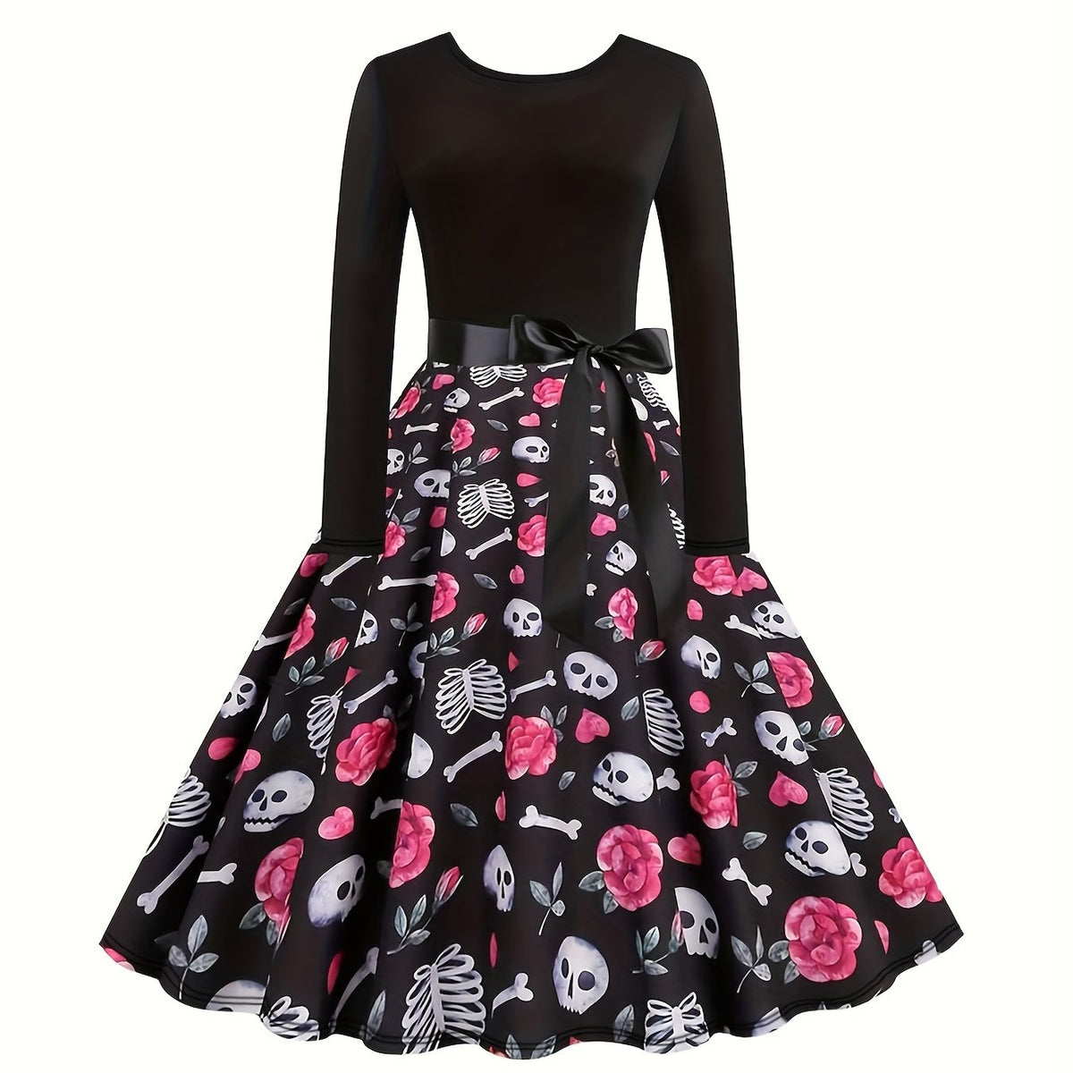  Colorblock Skull Print Long Sleeve Dress