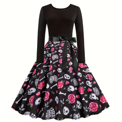  Colorblock Skull Print Long Sleeve Dress