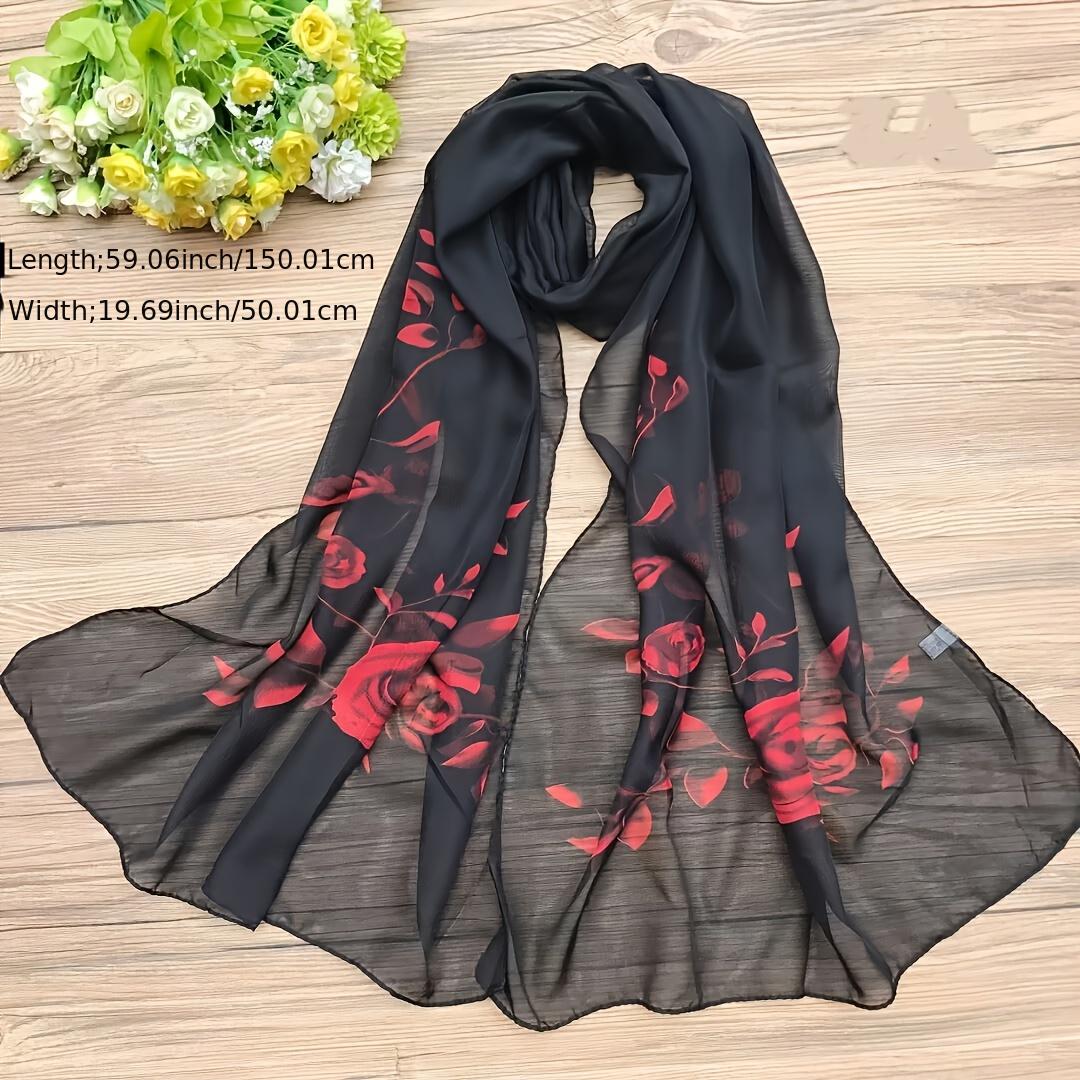 Floral Print Chiffon Silk Scarf Gradient Vintage Headwrap Large Shawl