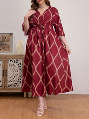  Boho Abaya Dress Women's Plus Argyle Print Three Quarter Sleeve