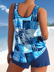 Boho Tankini Set Women's Plus Tropical Print Tie Round Neck Tank Top