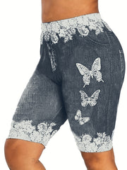  Denim & Butterfly Print Stretchy Skinny Shorts