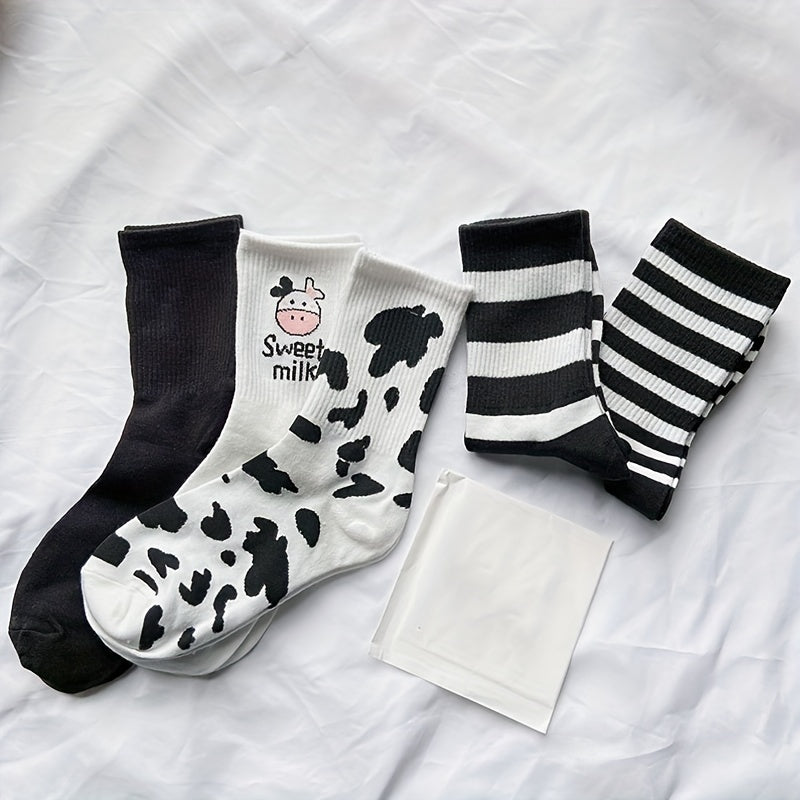 5 Pairs Cartoon Cow Print Socks Women's Stockings