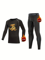 2pcs Kids Compression Fleece Sets Dragon Pattern Shirt & Pants