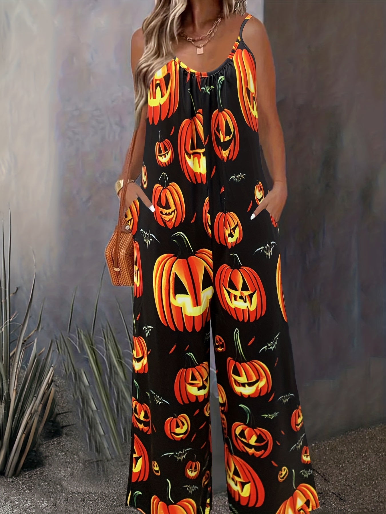  Pumpkin Print Round Neck Wide Leg Jumpsuit