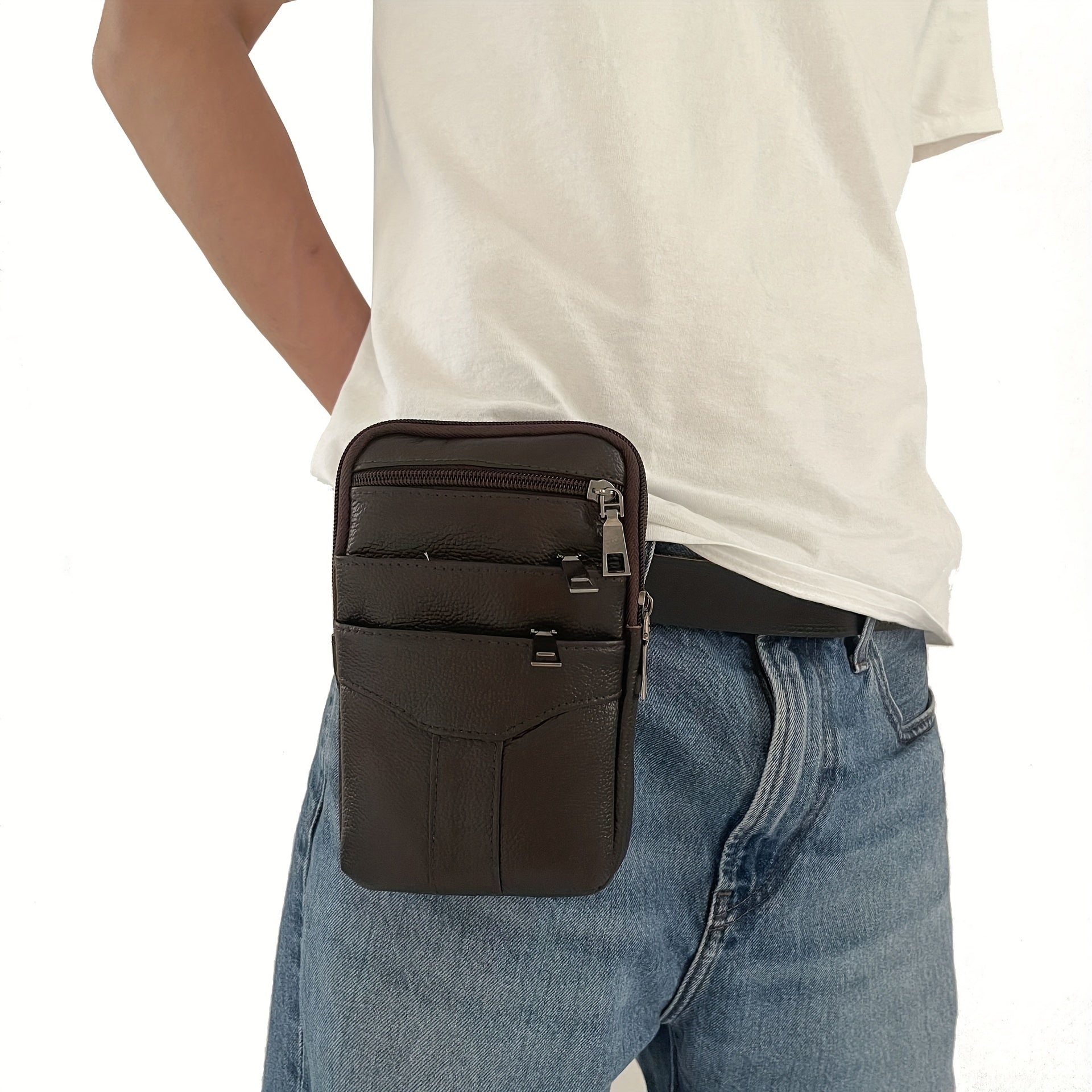 Men's Diagonal Mobile Phone Leather Waist Bag Double Zipper